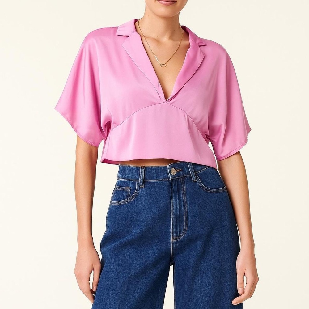 Zara Hot Pink Silk Collared Cropped Shirt